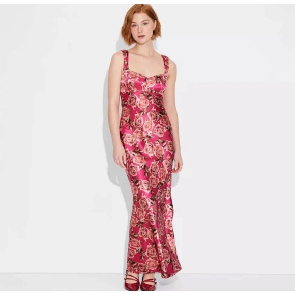 NWT Wild Fable Satin Maxi Dress Sz XS Rose Floral High Slit Sleeveless Evening - Picture 1 of 10